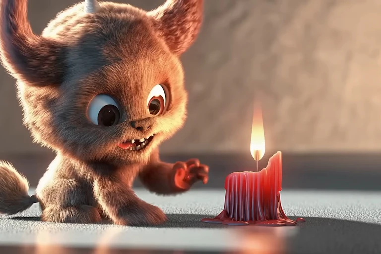 A CGI-style illustration of a furry little monster holding up a hand to a red candle.
