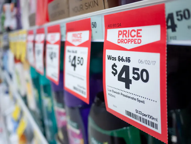 Row of price tags on a supermarket shelf