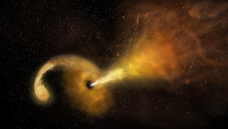 Vue d’artiste représentant une étoile déchiquetée par les forces de marée d’un trou noir supermassif