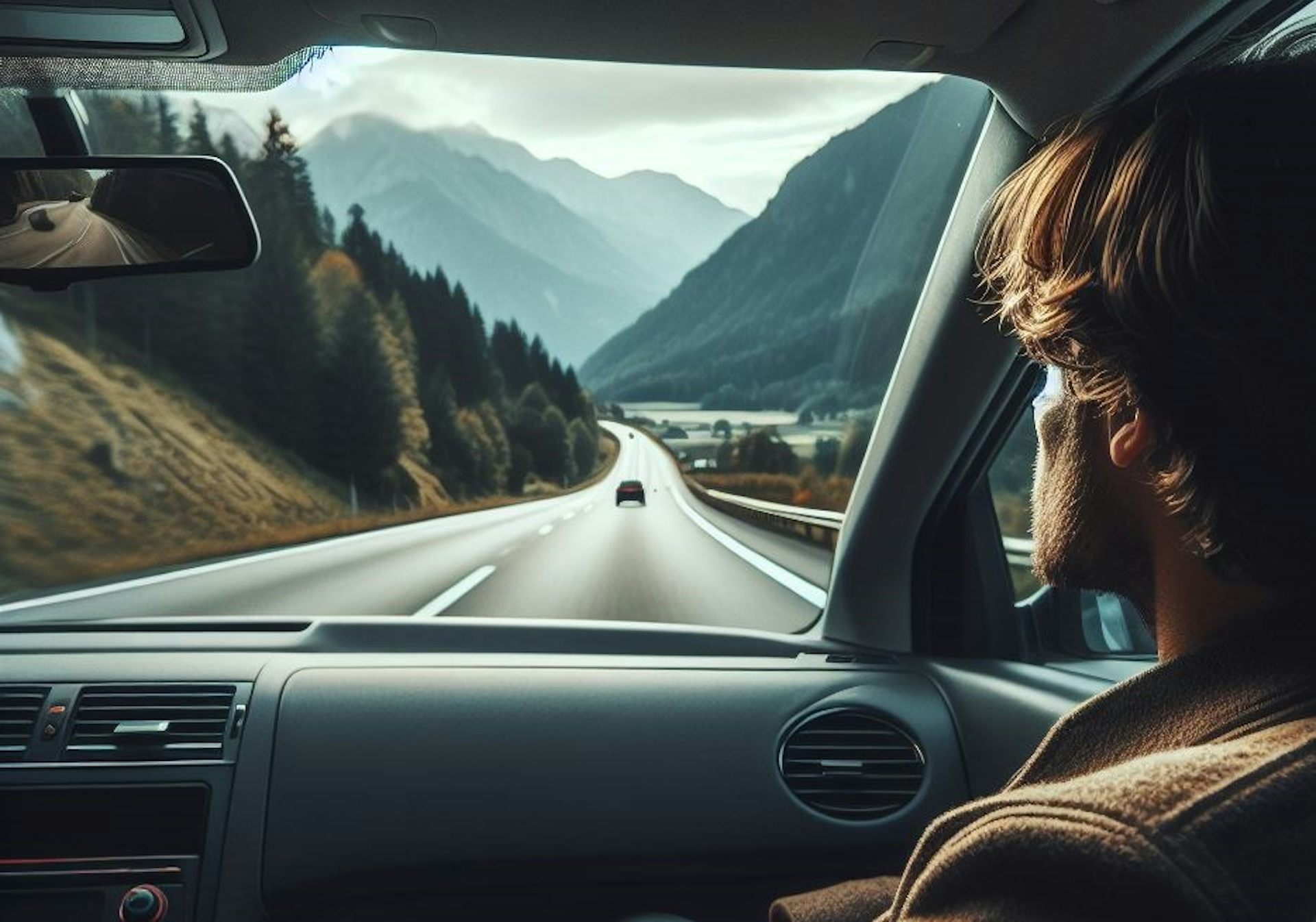 Passager sur le siège avant d’une voiture regardant loin vers l’horizon.