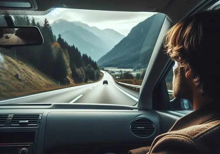 Passager sur le siège avant d’une voiture regardant loin vers l’horizon.
