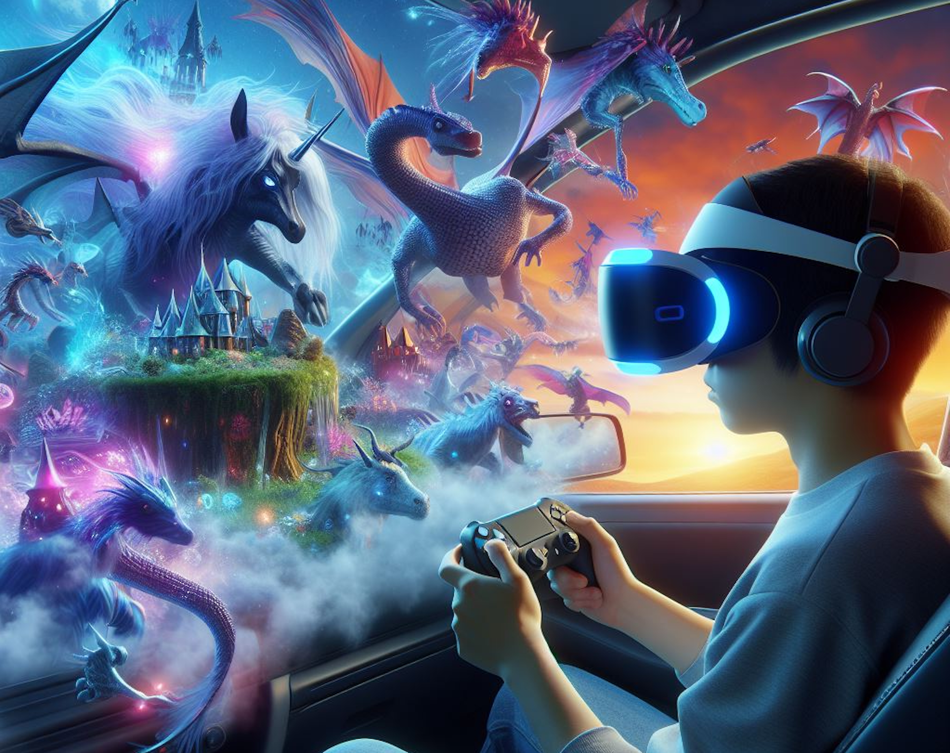 Passager sur le siège avant d’une voiture portant un casque de réalité virtuelle l’immergeant dans un univers fictif.