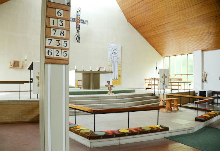 An interior shot of a modernist church in England.