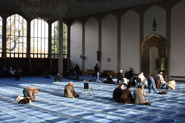 People kneel down in a carpeted space with tall windows.
