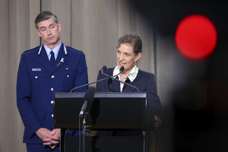 Former director-general of security Rebecca Kitteridge and police commissioner Andrew Coster at press conference