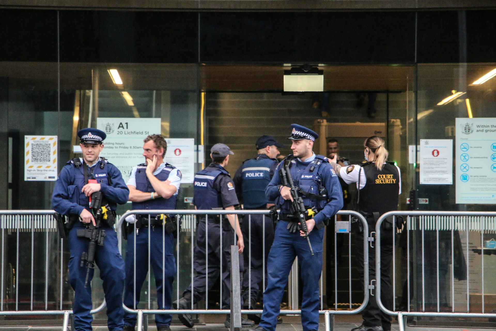 Armed police guard the Christchurch High Court