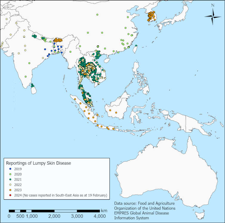 Map showing where lumpy skin disease has been reported in South-East Asia over the last five years