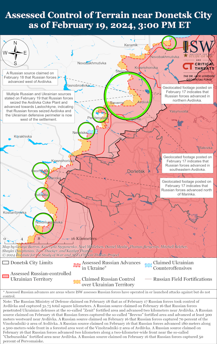 ISW map showing the frontlines arouind Avdiivka and Donetsk in the east of Ukraine.