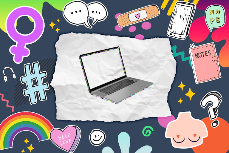 Collage of feminist symbols and a laptop