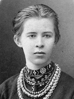 Lesya Ukrainka in a black and white photo.