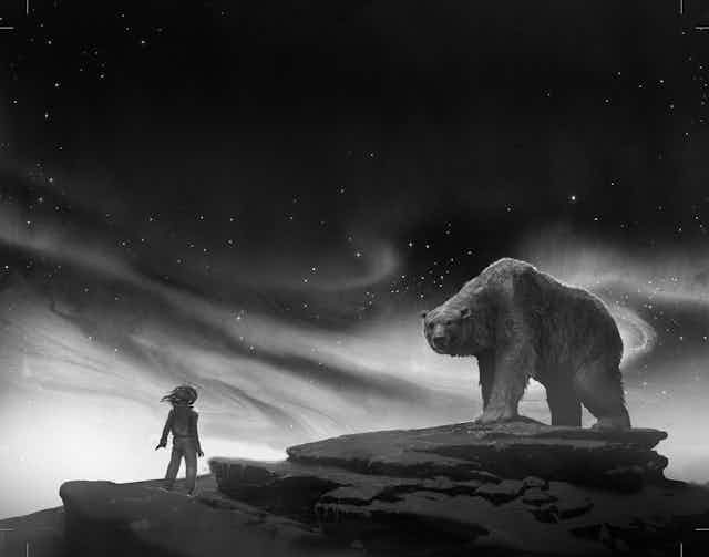 Black and white illustration of a girl standing on a rock, with big polar bear to her right side