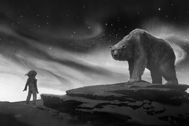 Black and white illustration of a girl standing on a rock, with big polar bear to her right side
