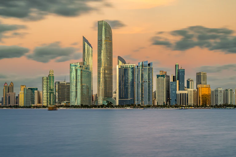 Abu Dhabi skyline with sea in foreground