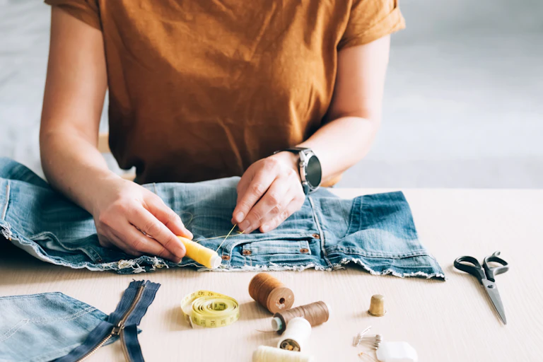 femme qui répare un jean