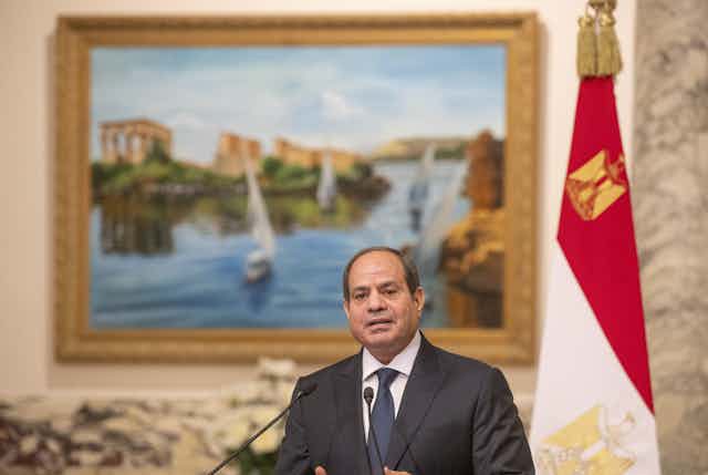 Egyptian president Abdel Fattah al-Sisi speaks into a microphone in front of a picture of the Nile.