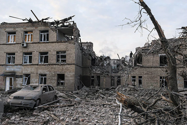 Bombed building and debris.