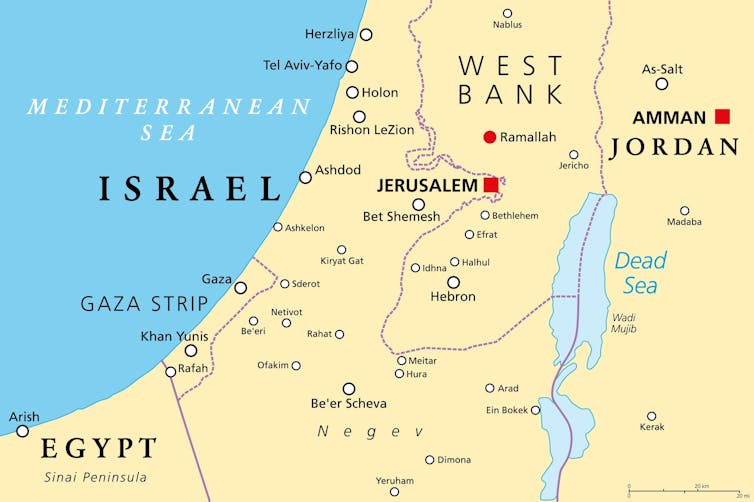 Map of Israel, Egypt and Jordan showing Gaza.