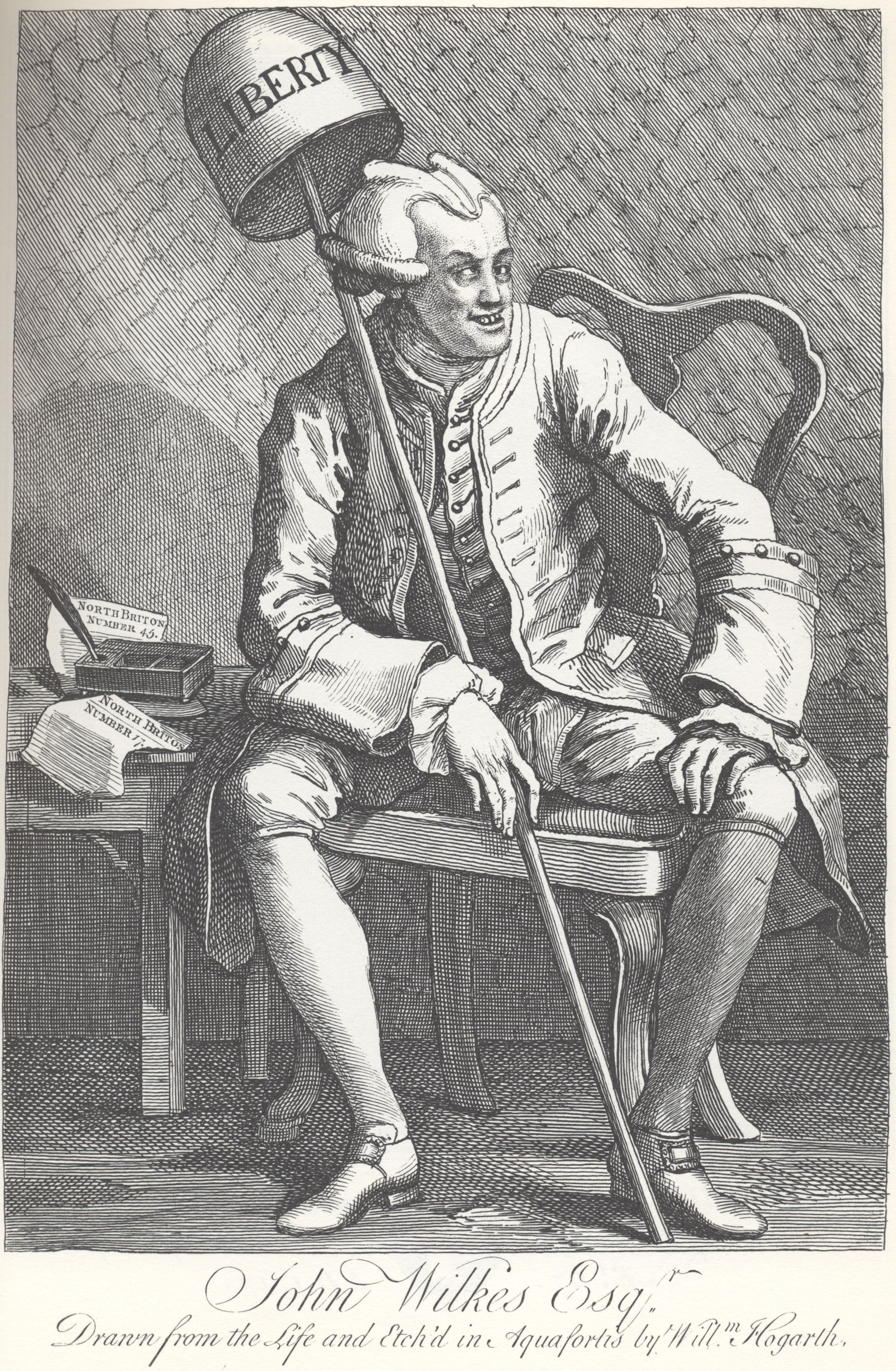 A black and white engraving by William Hogarth depicting John Wilkes holding a bell that reads 'liberty' and smiling demonically