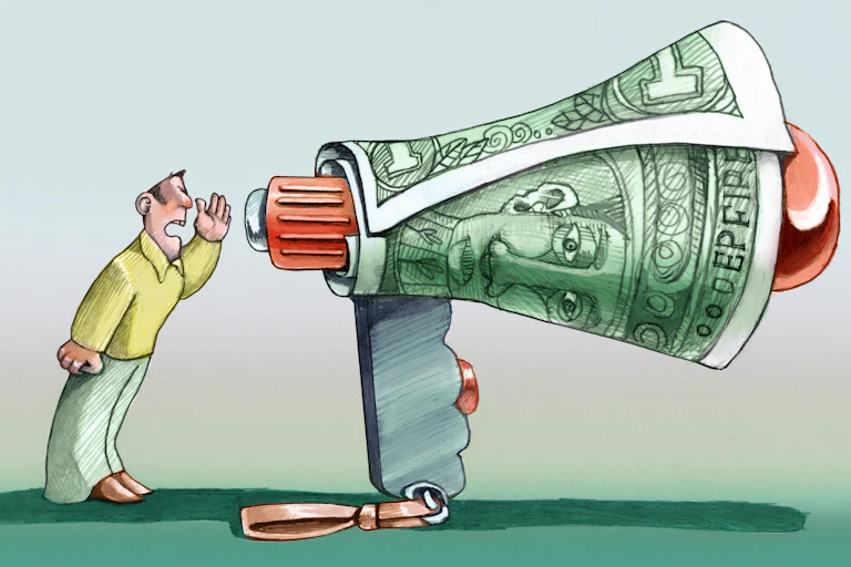 A cartoon of a man shouting through a microphone made of money.