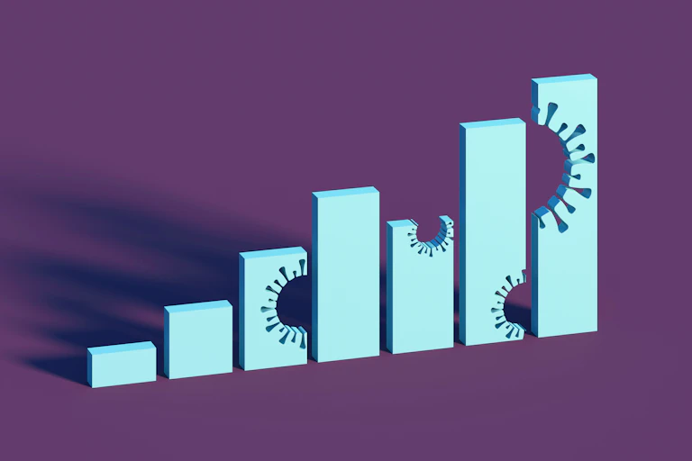Illustration of rising bar chart with coronavirus-shaped holes