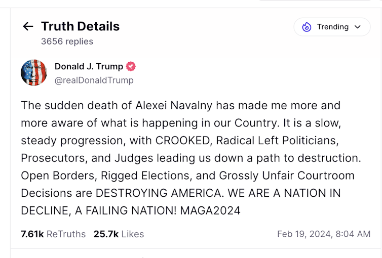 A screenshot of a social media post by Donald Trump that says in part, 'The sudden death of Alexei Navalny has made me more and more aware of what is happening in our Country.'