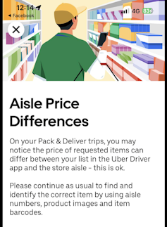 A screenshot of a notification to Uber Eats drivers informing them that differences between prices displayed in the app and on the shelf are 