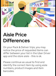 A screenshot of a notification to Uber Eats drivers informing them that differences between prices displayed in the app and on the shelf are