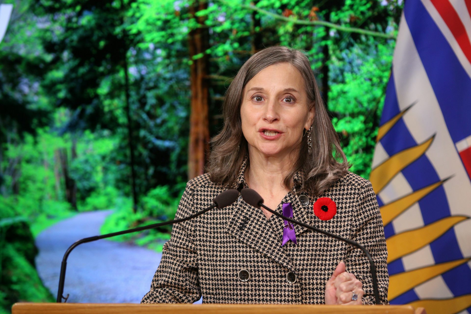 A woman in a brown coat speaking at a podium.