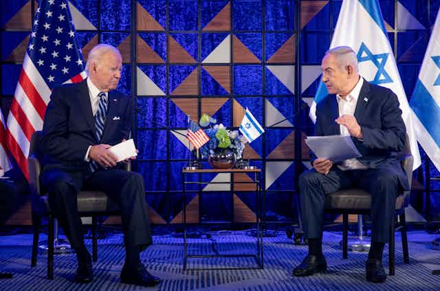 US president Joe Biden and Israeli prime minister Benjamin Netanyahu meet in  in Tel Aviv, October 2023.