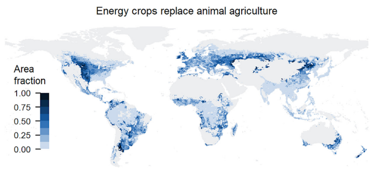 Map showing energy crops could replace animal agriculture across much of eastern North America, Central and South America, sub-Sarahan Africa, Europe, southern Russia, India, south-east Asia, eastern China, and south-western and south-eastern Australia.