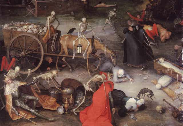 Pintura que representa a varios esqueletos montando un caballo y arrastrando un carro lleno de calaveras mientras siguen matando gente a su paso.
