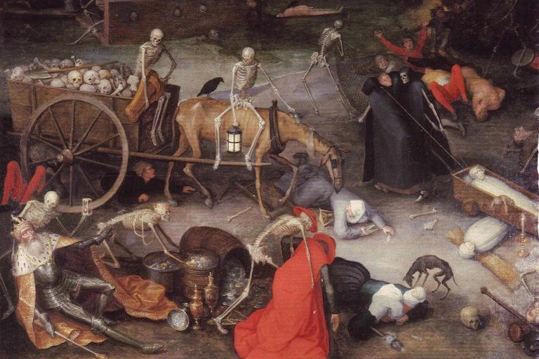Pintura que representa a varios esqueletos montando un caballo y arrastrando un carro lleno de calaveras mientras siguen matando gente a su paso.