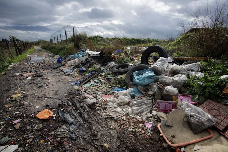 trash and bags are strewn across a landfill