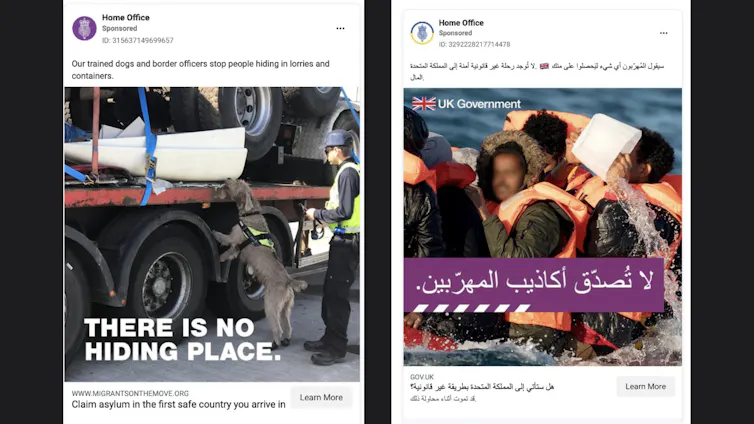 Two screenshots of Facebook ads, one with Arabic text showing a photo of migrants in a boat, and another with English text reading 'there is no hiding place' with a photo of a dog sniffing a lorry.