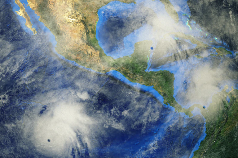 Imagem de satélite com três grandes tempestades tropicais em torno do México e América Central