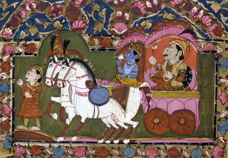 An artwork image depicting a scene from an ancient text that shows two white horses pulling Indian male and female figures sitting inside a chariot. 