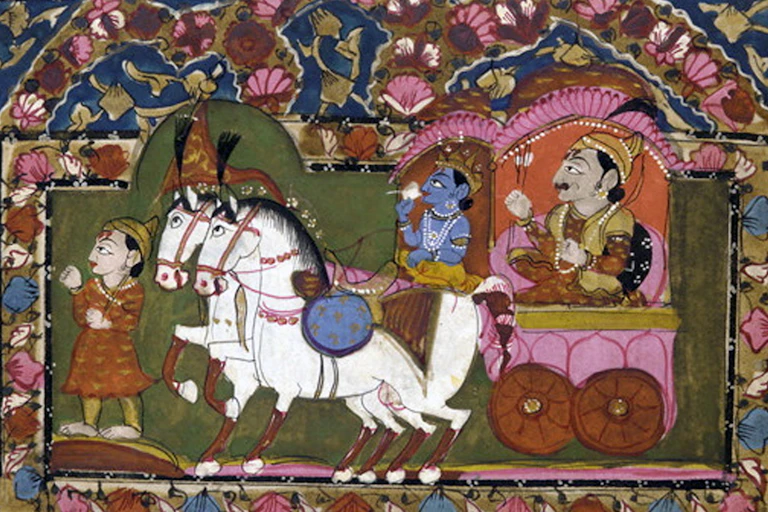 A colorful painting showing a carriage being drawn by two white horses, with the charioteer holding a conch shell and a warrior prince seated at the back, with a bow and arrows.