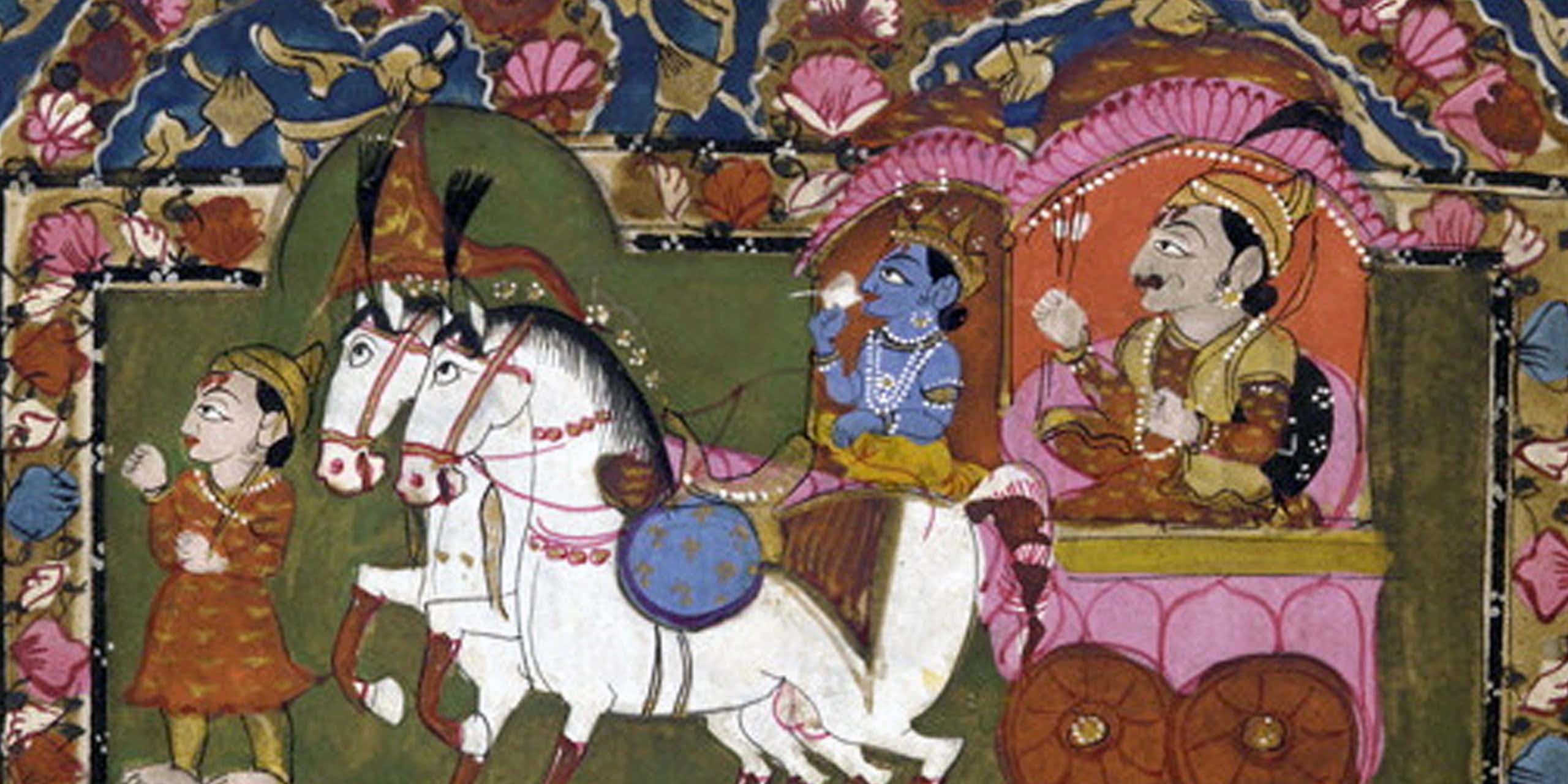 A colorful painting showing a carriage being drawn by two white horses, with the charioteer holding a conch shell and a warrior prince seated at the back, with a bow and arrows.