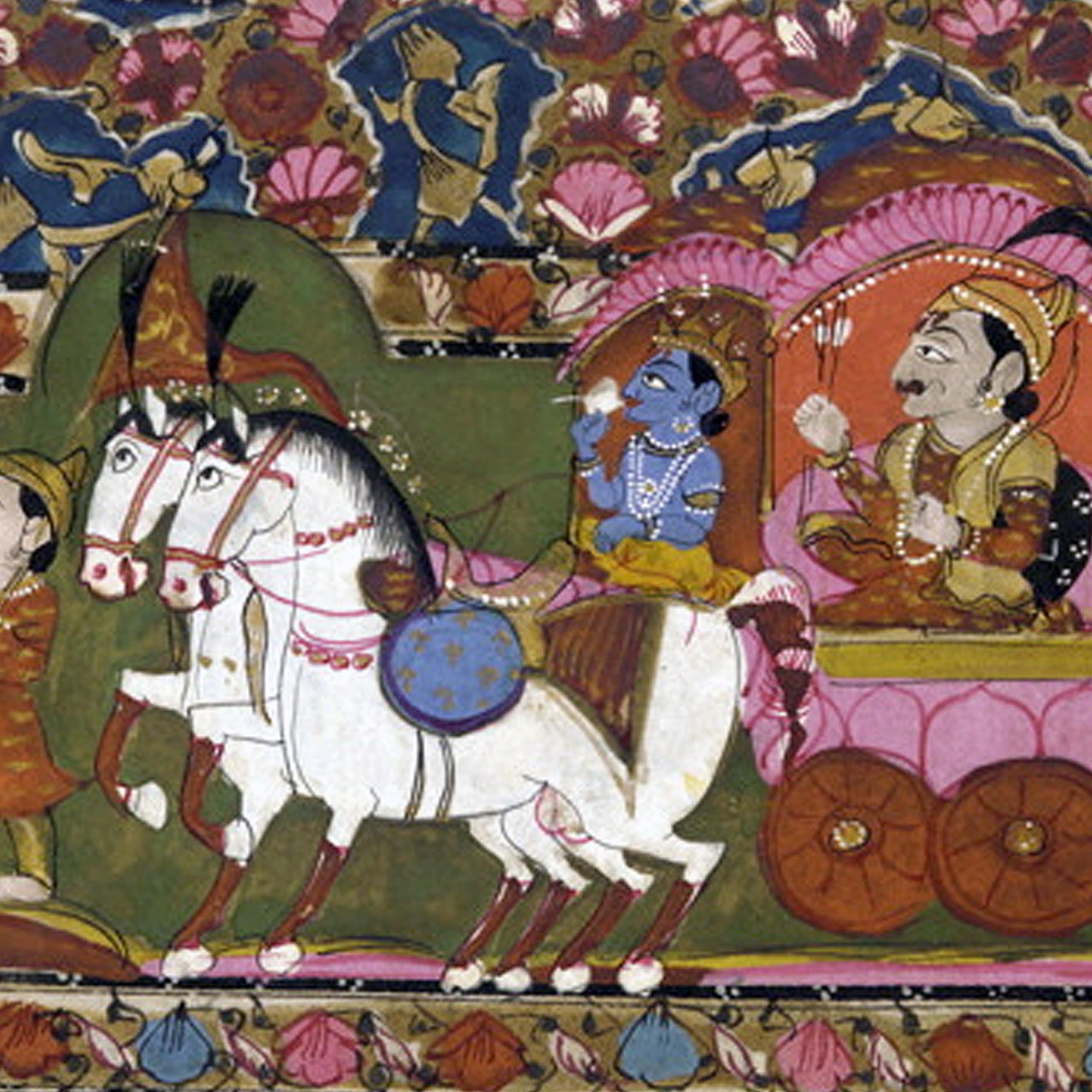 A colorful painting showing a carriage being drawn by two white horses, with the charioteer holding a conch shell and a warrior prince seated at the back, with a bow and arrows.