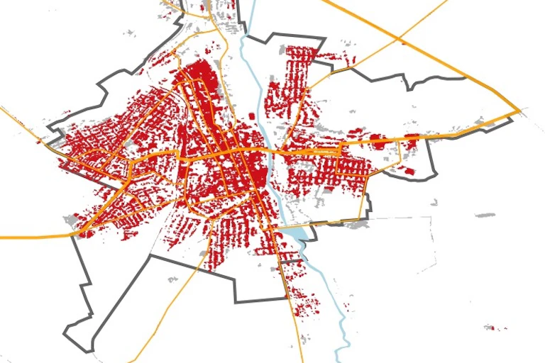 a map of a city with nearly all of the buidlings marked in red
