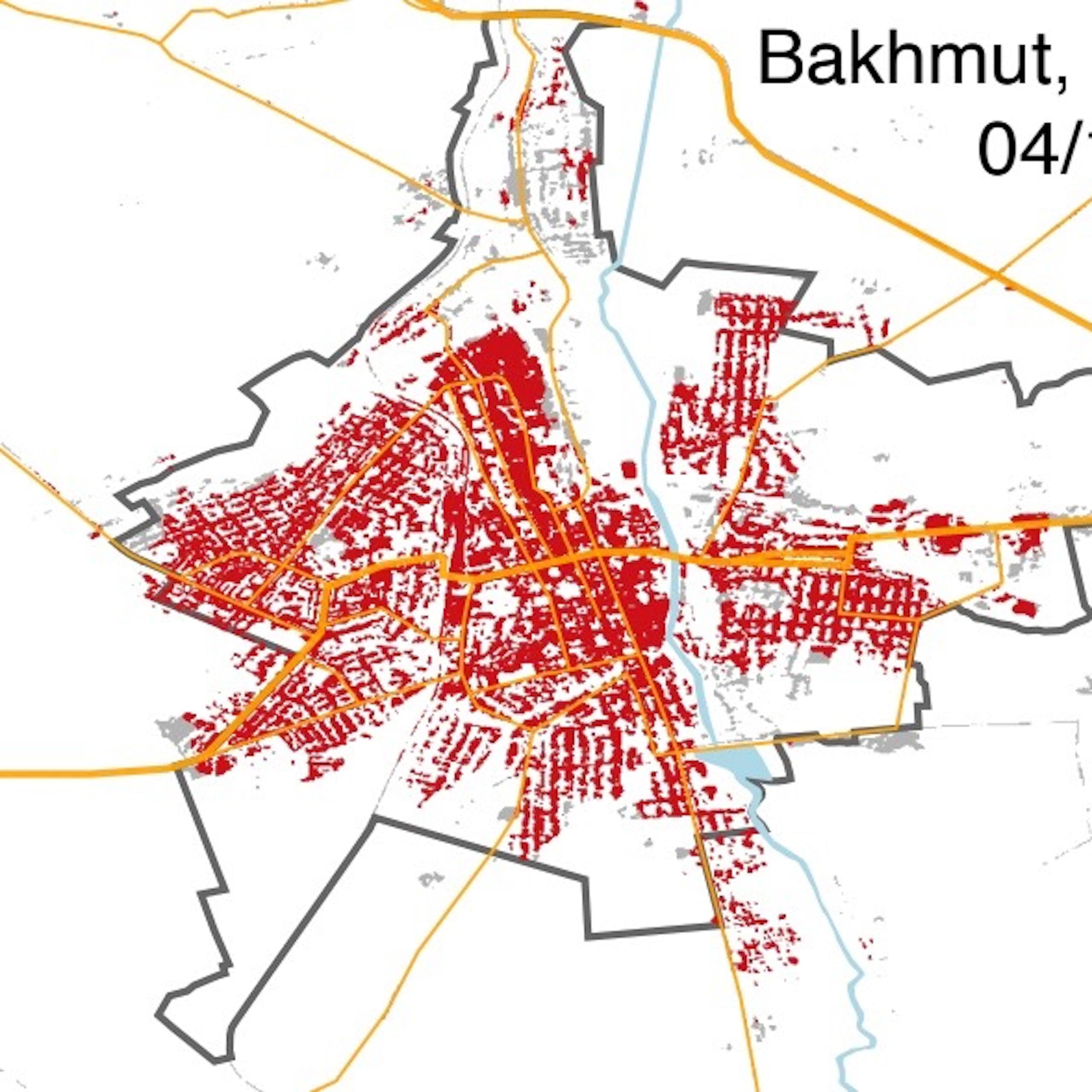 a map  of a city with nearly all of the buidlings marked in red