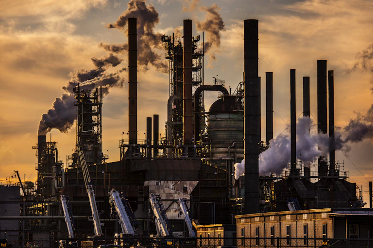 On the left, refinery with smokestacks and steam