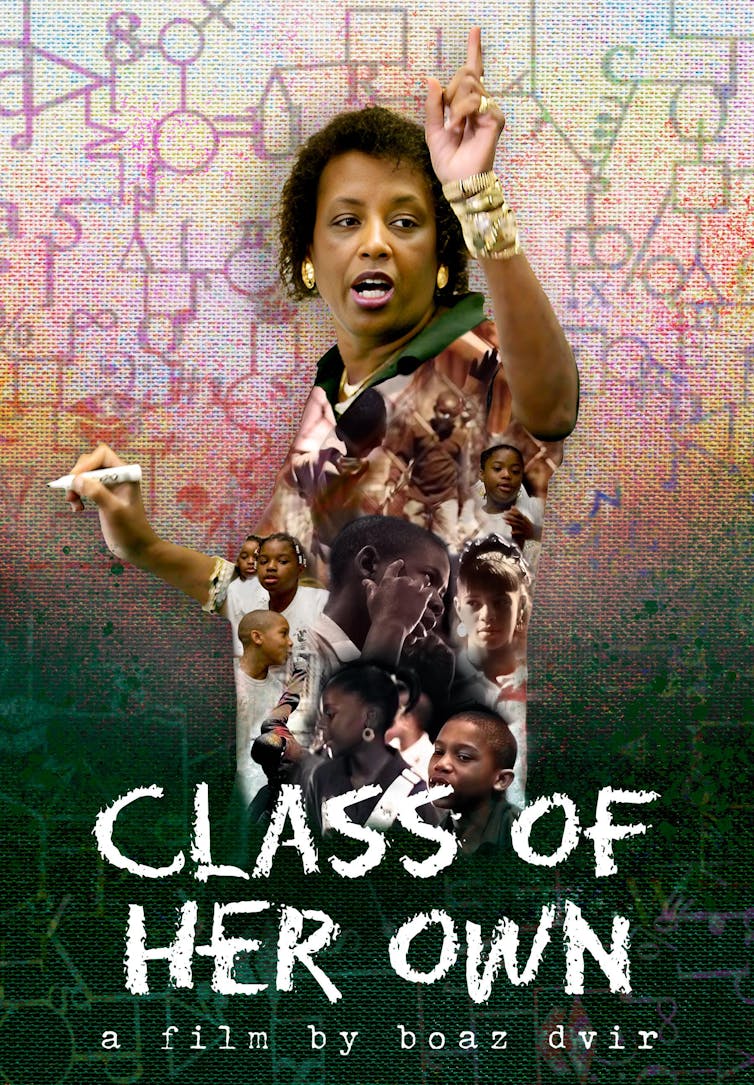 A movie poster shows a Black woman who is an educator with the words 'Class of her own' in a chalk-type font.