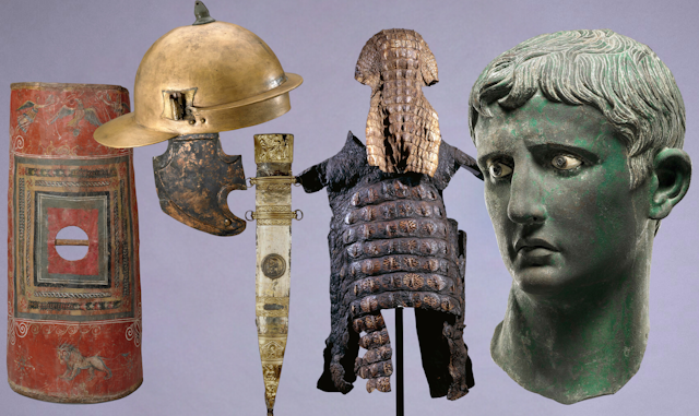 (Left to right) A Roman shield, a copper alloy Roman legionary helmet,  an iron sword with gilded bronze scabbard, a suit of parade armour made from crocodile skin and a bronze head depicting the first Roman emperor, Augustus. 