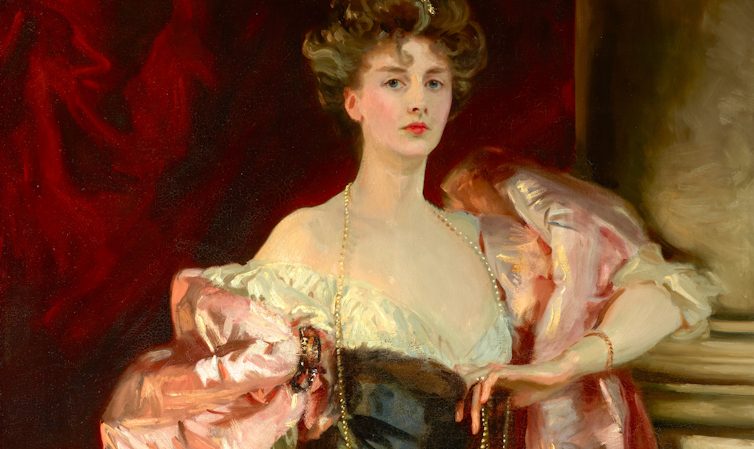 Portrait of Lady Helen Duncombe in a black dress and a pink cape.