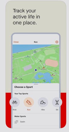 A screenshot of an exercise app showing the map of someone's running route.