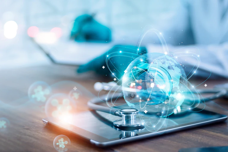 electronic icons superimposed over a smartphone and a stethoscope