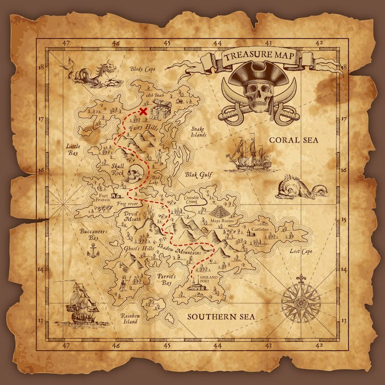 An old-fashioned yellowing hand-drawn pirate map.