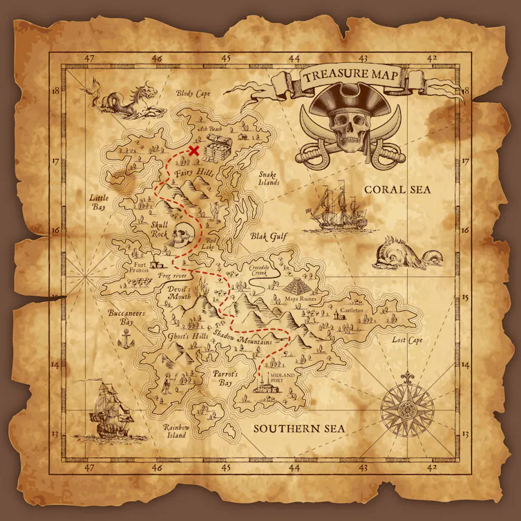 Um mapa de piratas antigo, amarelado e desenhado à mão