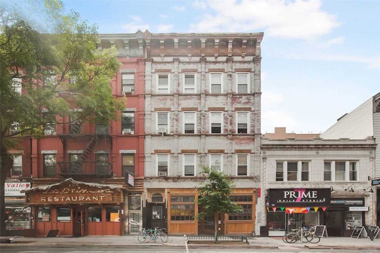 Red and white brick apartment buildings in Brooklyn.